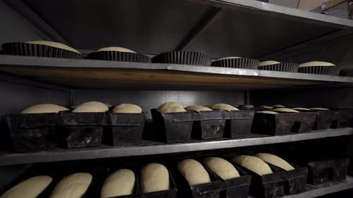 Jars for loaves of raw bread in bakery