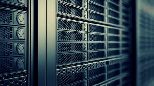 Animation infinie de serveurs de données fonctionnels. Lumières LED rouges brillantes. Bouclable.
HD