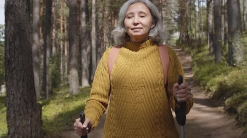 Senior Woman Hiking Through a Forest on Sunny Day