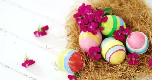 Colorful Painted Easter Eggs with Flowers in Nest