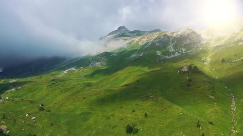 Distant Top View of Slope Beautiful Caucasian Green Mountain, Covered with Grass, Snow Forests of