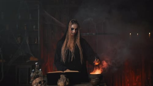 Blonde Witch Stirring Potion at Night