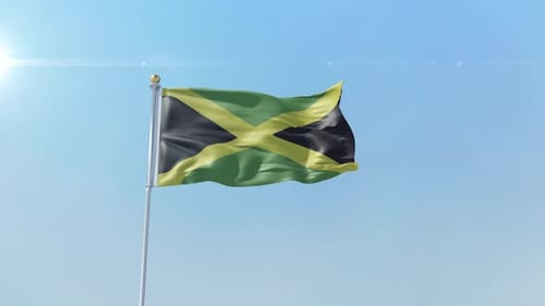 Realistic Jamaican National Flag Waving in Blue Sky