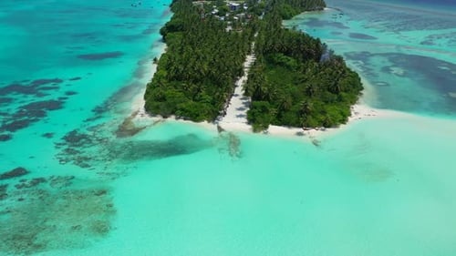 Aerial nature of paradise island beach trip by aqua blue sea with white sandy background of a picnic