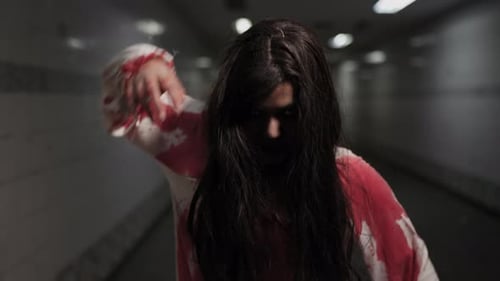 Creepy Woman Grabbing Head in Dark Tunnel