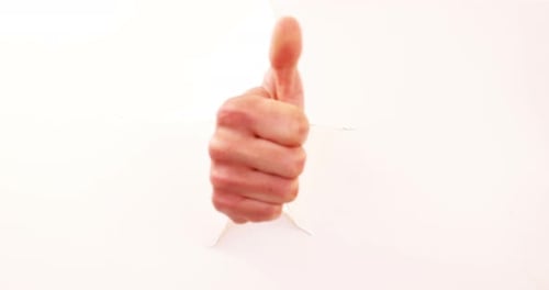 Hand Emerges, Points, Thumbs Up Through White