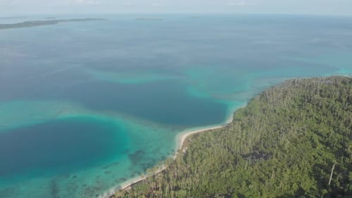 Aerial view Banyak Islands Sumatra tropical archipelago Indonesia, coral reef white sand beach. Top