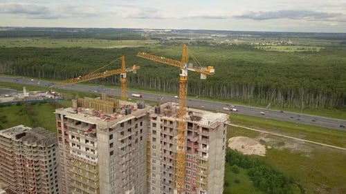 Drone Fly Over Construction New Modern Building Work Builders and Technicals