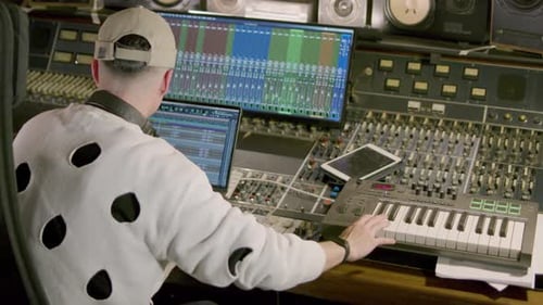 Young Caucasian Man Working at Music Recording Studio