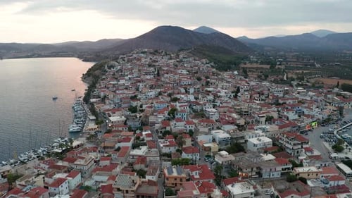 Aerial View of Ermioni Town at Sunset Greece