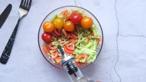 Bright Salad With Dressing Overhead Shot