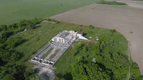 Drone flight above the ruins of old church