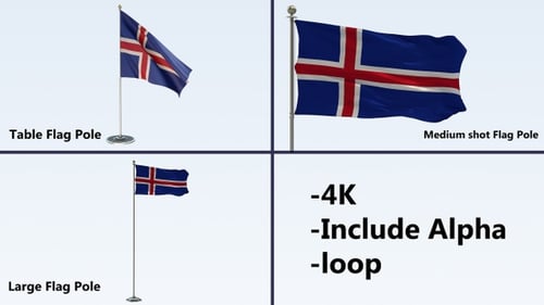 Waving Iceland Flag on Pole, Looping with Alpha Channel