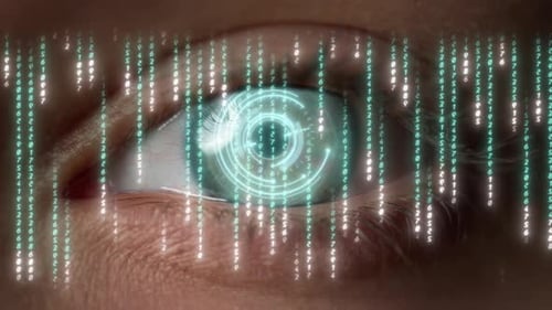 Macro matriz digital, números de ojos, pirata informático que se desplaza, calcula