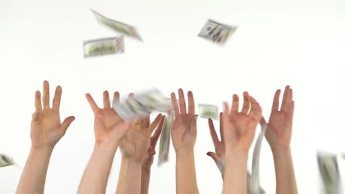 Hands Reaching Upward as Money Falls