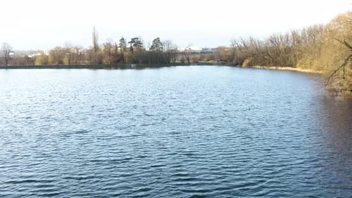 Aerial Shot of Pond with Trees in Surroundings During Winter and City in the Background