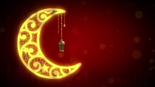 Decorative Golden Crescent Moon and Lantern for Ramadan and Eid