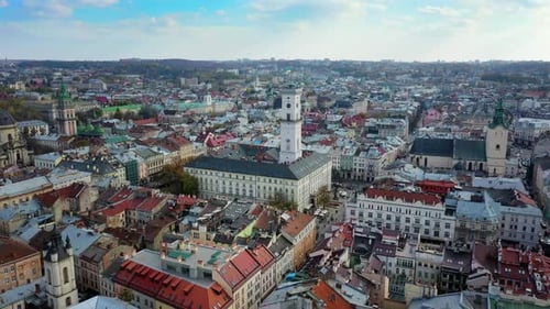 Aerial Drone Video of Lviv Old City Center - Roofs and Streets, City Hall Ratusha