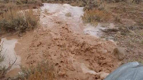Movimiento lento del agua fangosa que fluye por el desierto después de la tormenta
