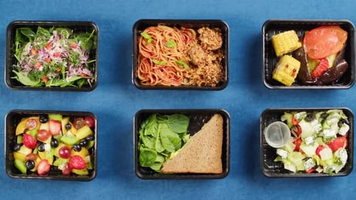 Take Away Meals Top View Food Delivery in Disposable Containers Balanced Nutrition