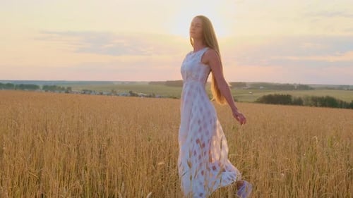 Beautiful Woman in Dress at Sunset in a Wheat Field