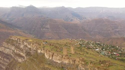 Ancient Towers and Ruins of the Abandoned Village on a Cliff