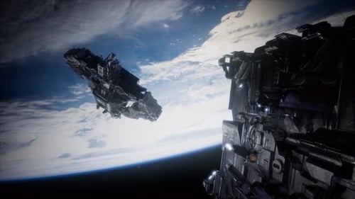 Detailed Spaceships Orbiting Earth in Futuristic 3D Render