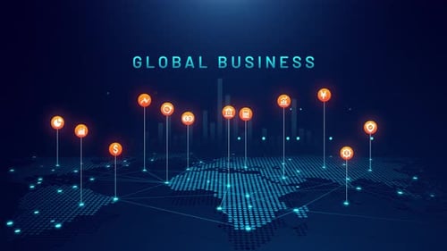Global Business Technology Network with Animated Icons on World Map