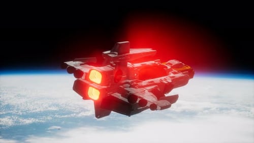 Futuristic Spaceship In Orbit Above Earth 3D Animation