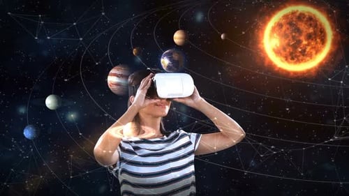 Woman Exploring Solar System with Virtual Reality Headset