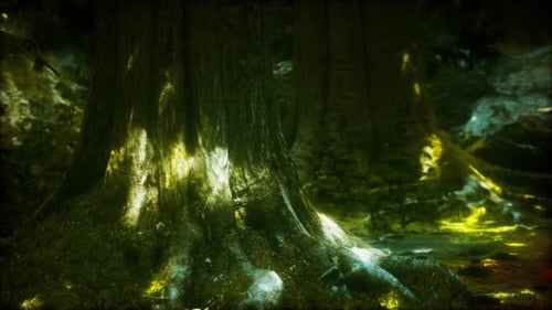 Forest Landscape with Old Massive Trees and Mossy Stones