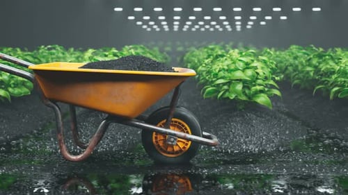 Yellow wheelbarrow pushed through the garden on wet soil. Looping animation 4KHD