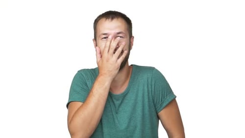 Smiling Man Poses and Speaks on White Background