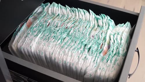 Father Closes the Shelf in the Dresser with Baby Diapers. Close-up, Nappy. Father's Day. The Concept