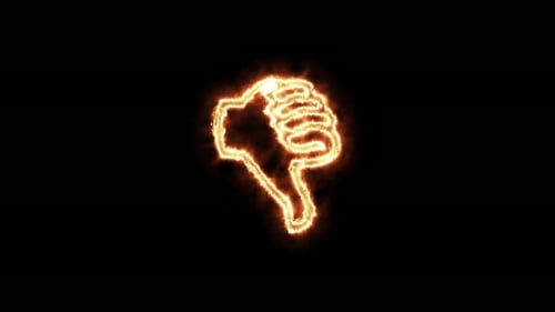 Animated hand sign and thumb down on fire. Animation on a black background burning in a flame.