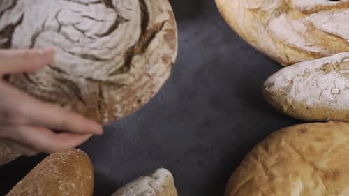 Artisanal Breads Arranged on Dark Surface