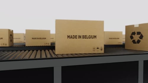 Kartons mit MADE IN Belgium-Text auf dem Förderband