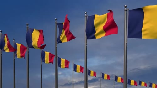 National Romanian Flags Waving Against Blue Sky