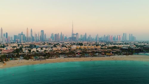 Aerial view of Dubai cityscape during sunset, U.A.E.