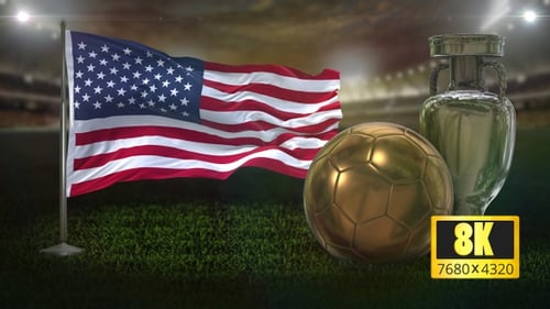 American Flag Waving Alongside Golden Soccer Ball and Silver Trophy