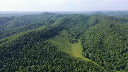 Drone Flight Over Green Hills Covered with Forests