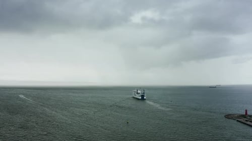 Drone Shot at a Car Ferry Port in Heavy Rain and Storm