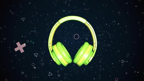 Rotating Headphones with Floating Geometric Shapes on Dark Background