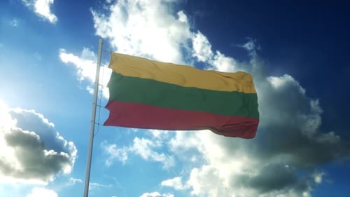 Lithuania National Flag Waving in Blue Sky
