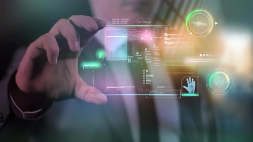 Ein Mann hält ein Gadget mit Infografikdaten in seinen Händen 4K