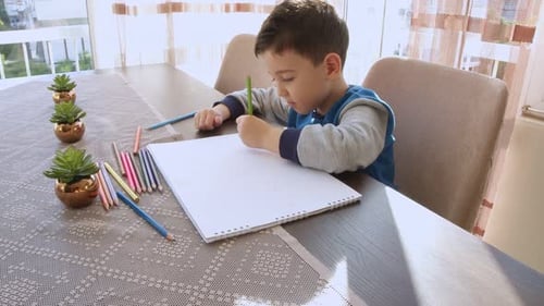 Child Drawing with Colored Pencils at Table
