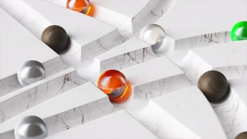 Colorful Spheres Rolling Through a White Marble Maze