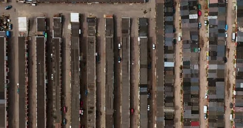 Aerial view to old garage cooperative - car storage community, parking