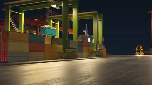 Dockworker in busy, polluted maritime container port. Transportation of goods.