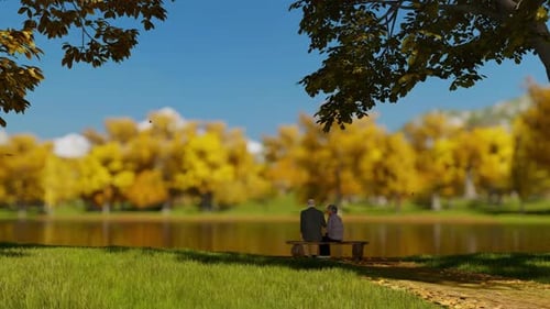 Animated Autumn Landscape with Couple on Park Bench